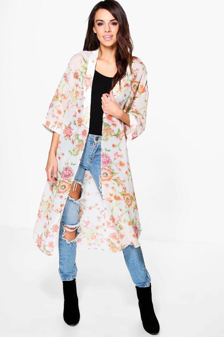 Boohoo Lauren Floral Print Kimono Cream