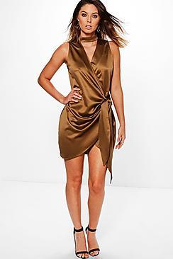 Boohoo Perrie Satin Choker Wrap Detail Dress