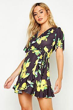 Boohoo Petite Lemon Print Ruffle Wrap Tea Dress