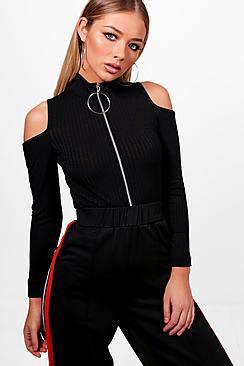 Boohoo Sophie Zip Front Cold Shoulder Crop