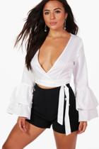 Boohoo Petite Lauren Ruffle Sleeve Wrap Crop Top White