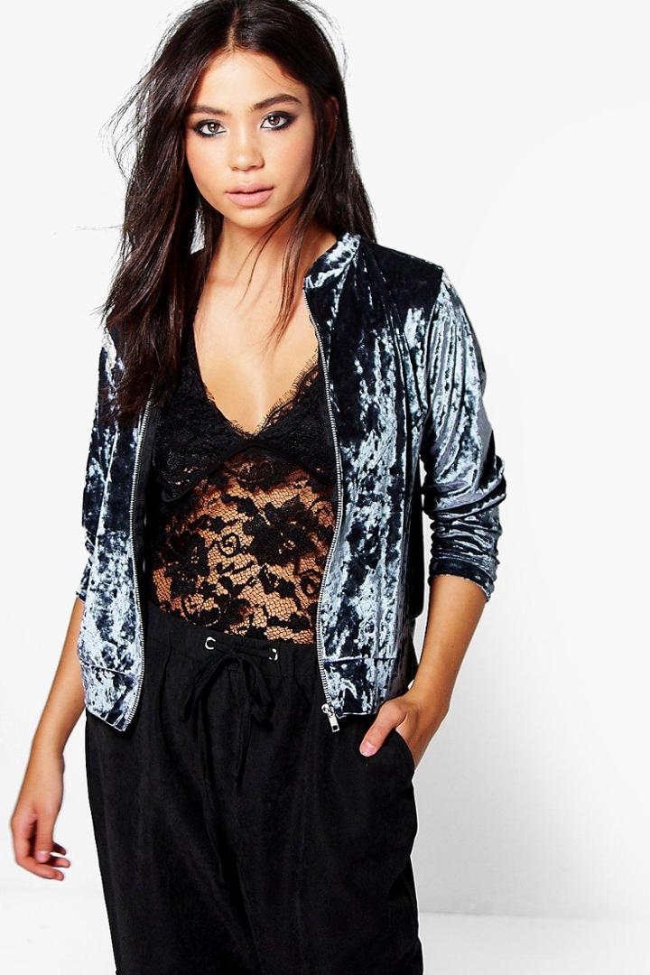 Boohoo Jasmine Crushed Velvet Ma1 Bomber Grey