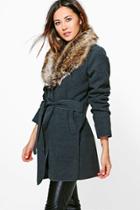 Boohoo Abigail Faux Fur Collar Wrap Coat Charcoal