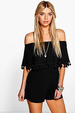 Boohoo Bardot Off The Shoulder Frill Jersey Playsuit