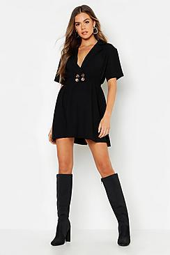 Boohoo Gold Button Skater Shirt Dress