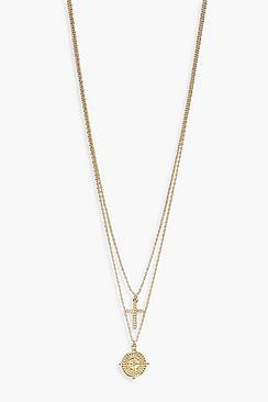 Boohoo Textured Cross + Compass Layered Necklace