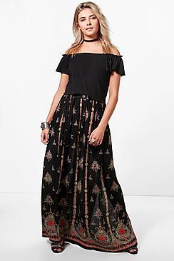 Boohoo Ava Border Print Woven Full Maxi Skirt