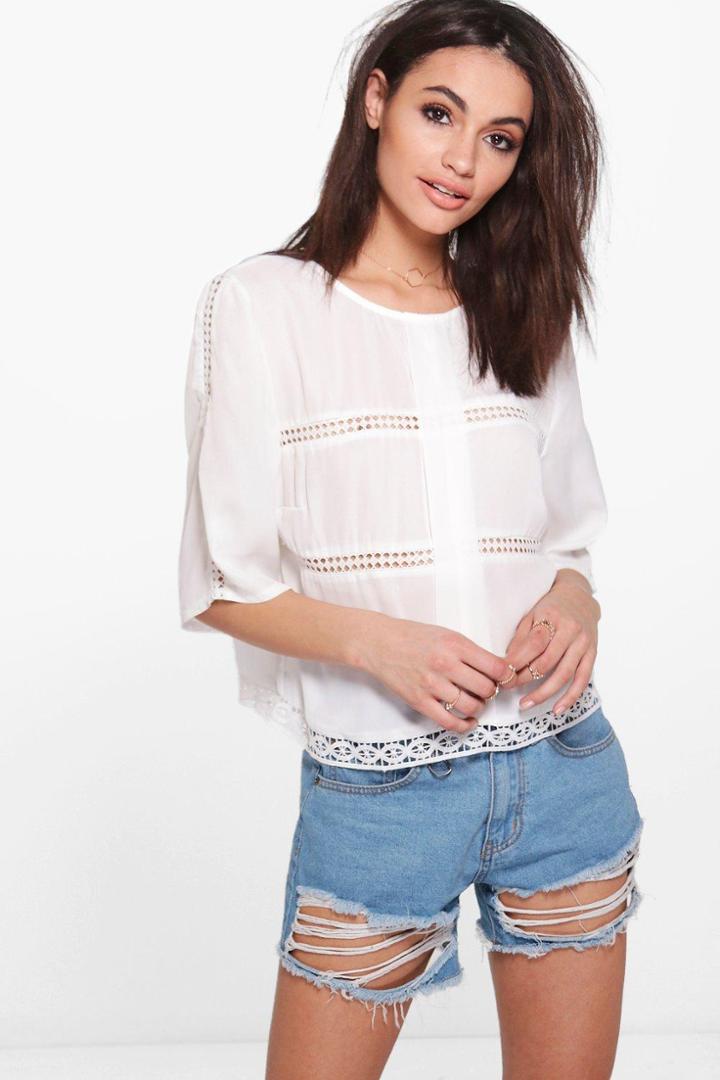 Boohoo Ella Crochet Detail 3/4 Sleeve Top White