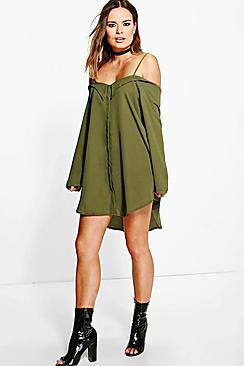 Boohoo Darcie Off Shoulder Eyelet Shirt Dress