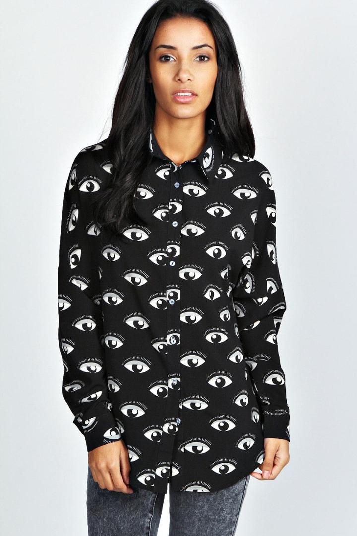 Boohoo Lilie Eye Print Long Sleeve Shirt - Black