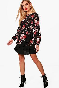 Boohoo Alli Ruffle Detail Floral Tea Dress