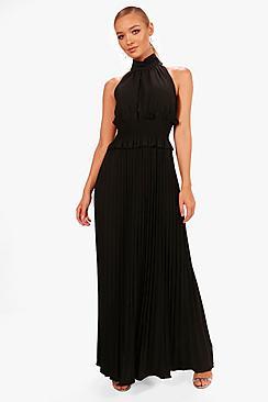 Boohoo Tabetha Shirred Waist Pleated Maxi Dress