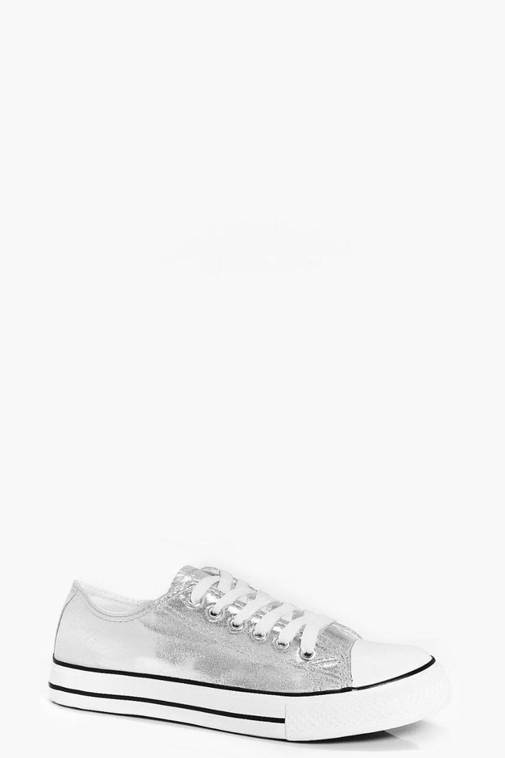 Boohoo Olivia Metallic Lace Up Trainer Silver