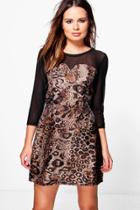 Boohoo Bailey Mesh Panel Leopard Skater Dress Black