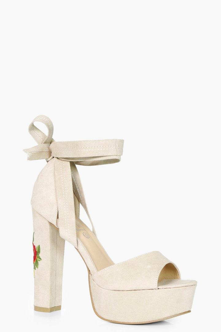 Boohoo Alice Embroidered Platform Heel With Wrap Strap Nude
