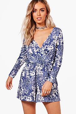 Boohoo Jenni Porcelain Print Wrap Playsuit