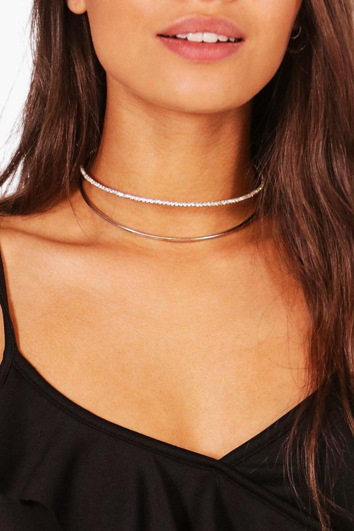 Boohoo Iris Diamante Detail Double Choker Silver