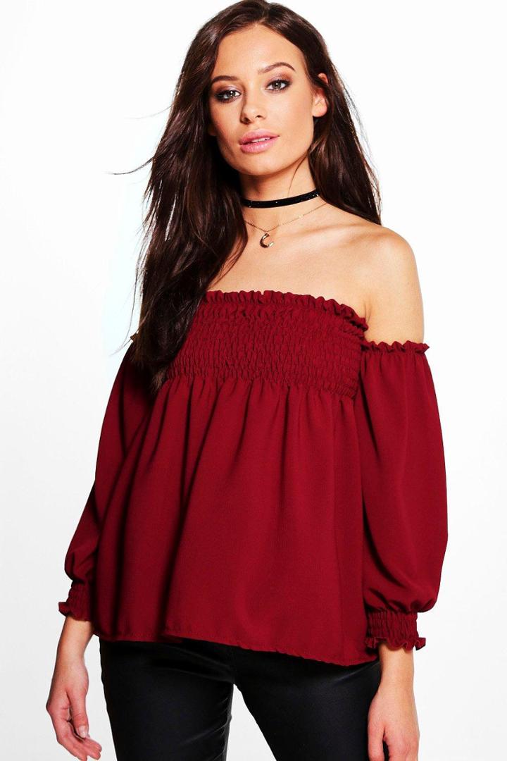 Boohoo Hattie Shirred Bardot Woven Long Sleeve Top Wine