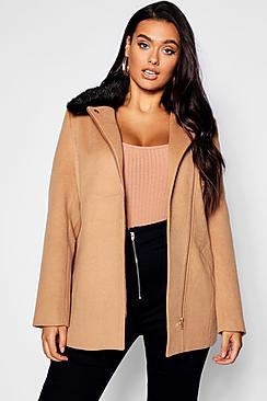 Boohoo Plus Rose Zip Front Faux Fur Collar Coat