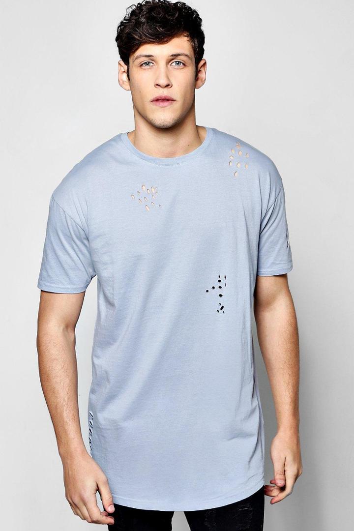 Boohoo Longline Distressed T Shirt Blue