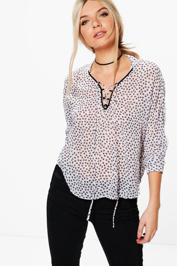 Boohoo Jane Lace Up Printed Blouse White