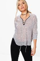 Boohoo Jane Lace Up Printed Blouse White