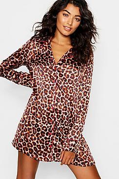 Boohoo Leopard Satin Contrast Piping Night Shirt