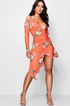 Boohoo Natalie Floral Print Long Sleeve Wrap Dress
