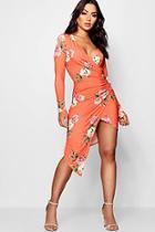 Boohoo Natalie Floral Print Long Sleeve Wrap Dress
