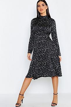 Boohoo Satin Printed Open Back Midi Skater Dress