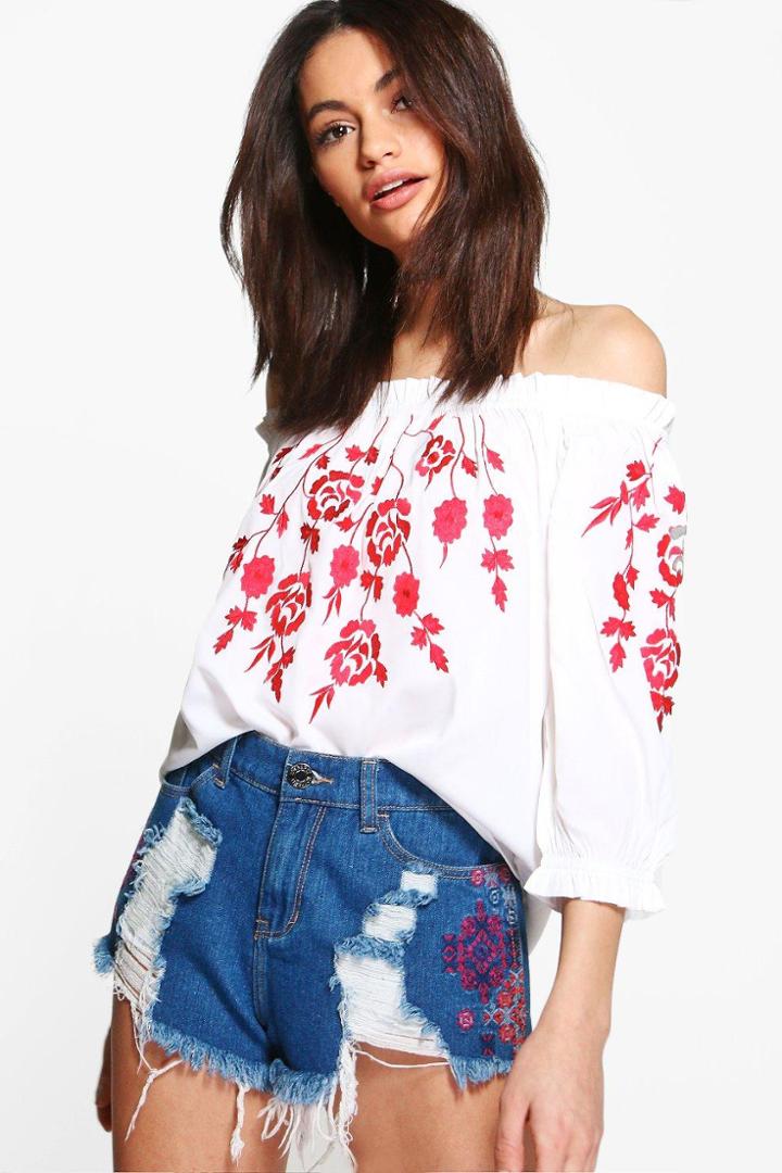 Boohoo Bella Boutique Embroidered Off The Shoulder Top Ivory