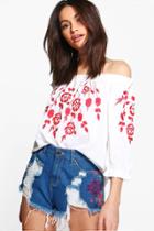 Boohoo Bella Boutique Embroidered Off The Shoulder Top Ivory