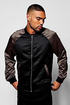 Boohoo Black Satin Bomber Jacket With Contrast Raglan Sleeves