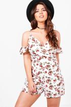 Boohoo Plus Connie Floral Drape Sleeve Playsuit Cream