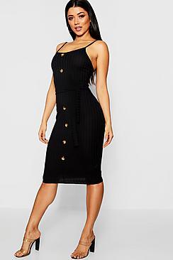 Boohoo Rib Knit Midi Button Front Belted Dress