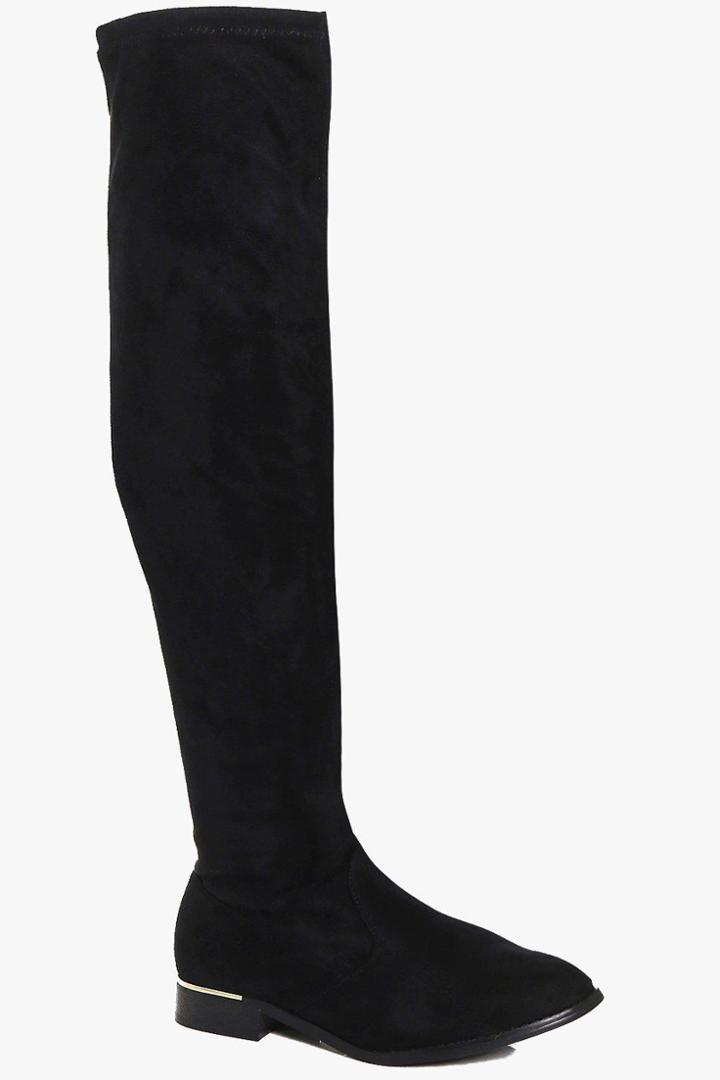 Boohoo Lilly Stretch Over The Knee Flat Boot Black