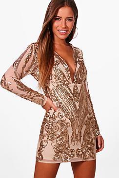 Boohoo Petite Danielle Sequin Long Sleeve Bodycon Dress