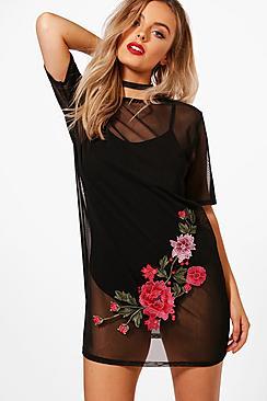Boohoo Henrietta Mesh Applique T- Shirt Dress