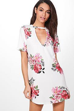 Boohoo Holly Plunge Choker Printed Cap Sleeve Shirt Dress