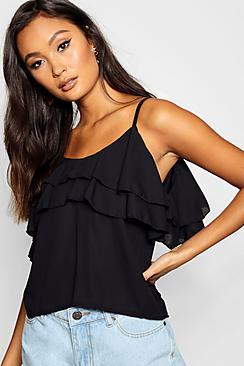 Boohoo Double Ruffle Cold Shoulder Blouse