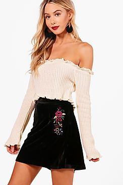 Boohoo Celestia Velvet Embroidered A Line Skirt