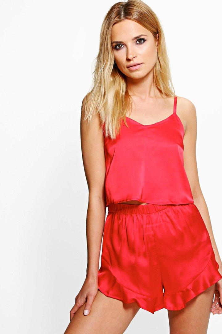 Boohoo Alice Satin Strap Detail Tank Top + Short Set Red