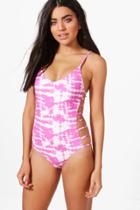 Boohoo Strappy Side Detail Tie Dye Bathing Suit Pink