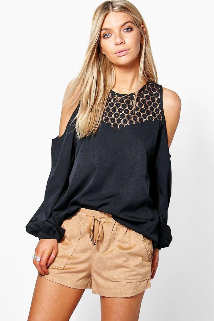 Boohoo Grace Lace Neck Cold Shoulder Woven Top Black
