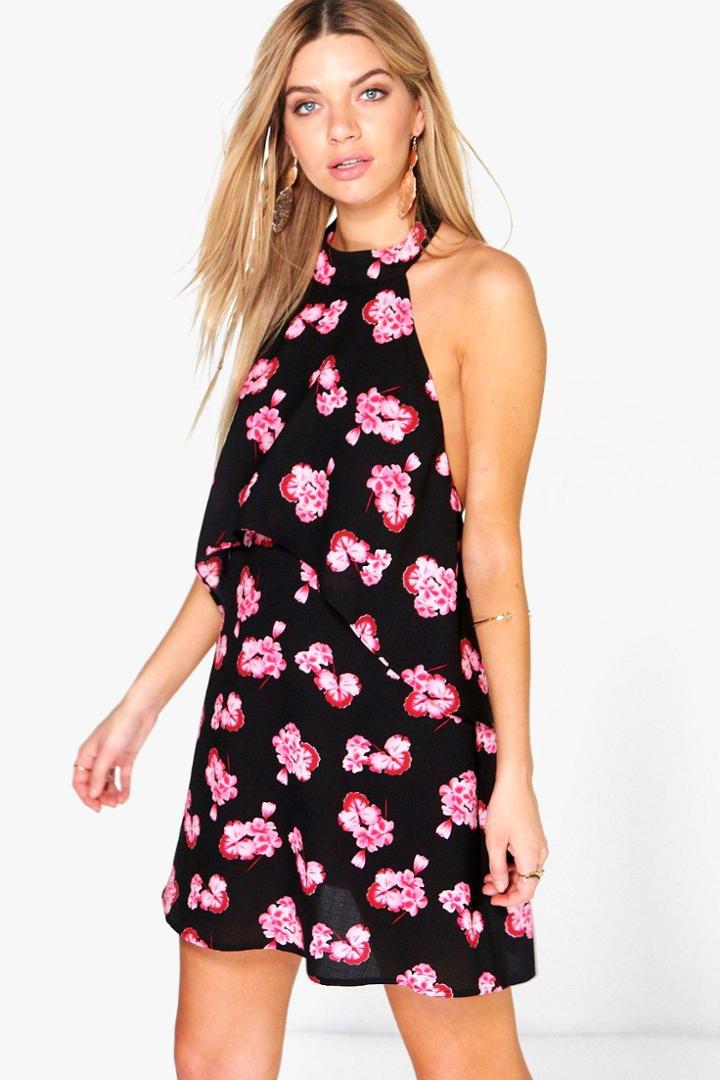 Boohoo Vio Floral Double Layer Halterneck Swing Dress Black