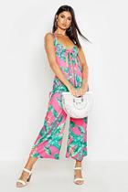 Boohoo Knot Front Ruffle Strap Palm Print Jumpsuit