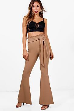 Boohoo Lily Paperbag Tie Waist Skinny Flares