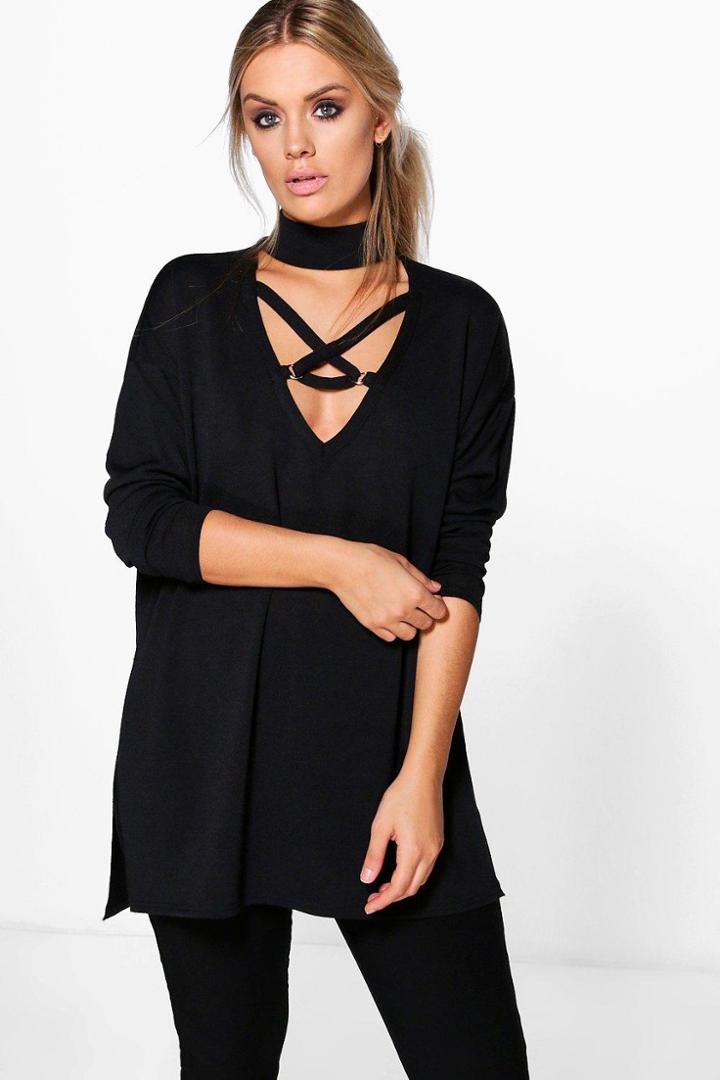 Boohoo Plus Sadie Cross Front Knitted Jumper Black