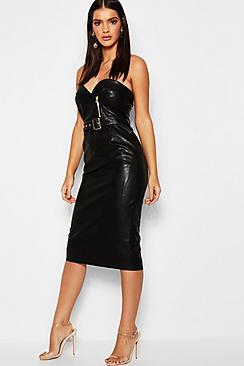 Boohoo Pu Belted Bandeau Midi Dress