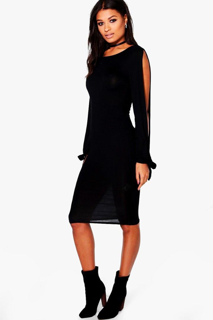 Boohoo Addison Split Sleeved Tie Detail Midi Dress Black